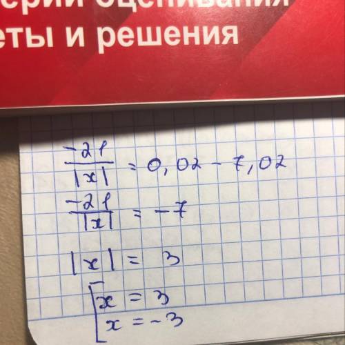 Реши уравнение: −21:|x|=0,02−7,02. ответ: x1= x2=