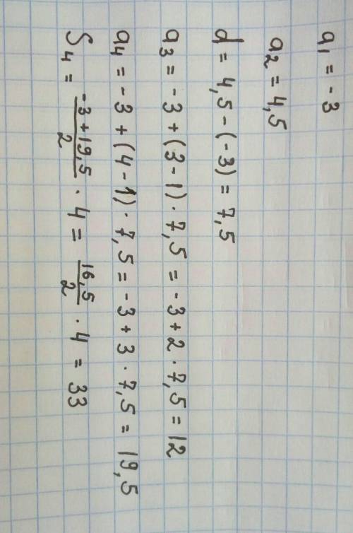 Вычисли следующие два члена арифметической прогрессии и сумму первых четырёх членов, если a1=−3 и a2