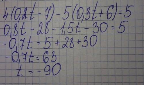 4(0,2t−7)−5(0,3t+6)=5
