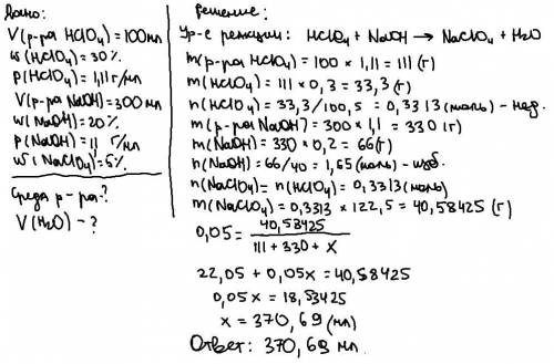 Смешали 100мл 30-ого% раствора хлорной кислоты ( плотностью 1,11г/мл) и 300мл 20-ого% раствора гидро