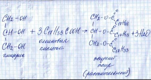 Напишіть рівняння реакції утворення тригліцериду з гліцеролу та олеїнової кислоти.