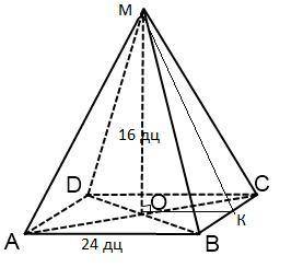 Палатка имеет форму правильного четырехугольной пирамиды сторона основания равна 24 дм а высота 16 с