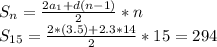 S_{n} = \frac{2a_{1}+d(n-1) }{2} * n\\S_{15} = \frac{2*(3.5)+2.3*14}{2} * 15= 294
