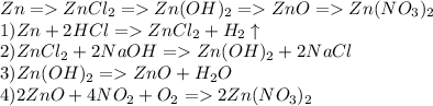 Zn=ZnCl_2=Zn(OH)_2=ZnO=Zn(NO_3)_2\\1) Zn+2HCl=ZnCl_2+H_2\uparrow\\2) ZnCl_2+2NaOH=Zn(OH)_2+2NaCl\\3) Zn(OH)_2=ZnO+H_2O\\4) 2ZnO+4NO_2+O_2=2Zn(NO_3)_2