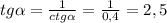 tg\alpha =\frac{1}{ctg\alpha } =\frac{1}{0,4}= 2,5