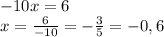 -10x=6\\x=\frac{6}{-10}=-\frac{3}{5}=-0,6