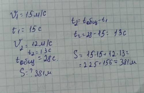 Жираф бежал 15 с со скоростью 15 м/с. Оставшуюся часть пути он бежал со скоростью 12 м/с. На весь пу