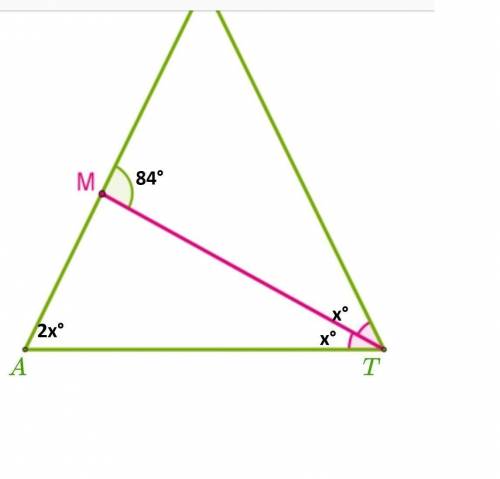 В равнобедренном треугольнике ART проведена биссектриса TM угла T у основания AT,∡ TMR = 84°. Опреде