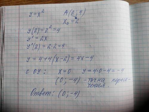 К параболе y=x^2 в точке А(2;4) проведена касательная. В какой точке эта касательная пересекает ось