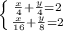 \left \{ {{\frac{x}{4}+\frac{y}{4}=2} \atop {\frac{x}{16}+\frac{y}{8}=2}} \right.