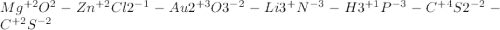 Mg^{+2} O^{2} - Zn^{+2}Cl2^{-1} - Au2^{+3} O3^{-2} - Li3^{+} N^{-3} - H3^{+1} P^{-3} - C^{+4} S2^{-2} - C^{+2} S^{-2}