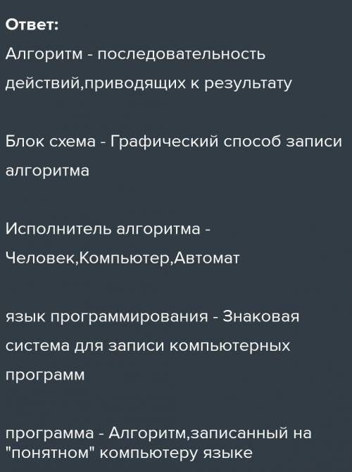 ПОНЯТИЯ Алгоритм Блок схема Исполнитель алгоритма язык программирования программа ОПРЕДЕЛЕНИЯ Графич