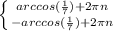 \left \{ {{arccos (\frac{1}{7}) + 2\pi n } \atop {{{-arccos (\frac{1}{7}) + 2\pi n }} \right.