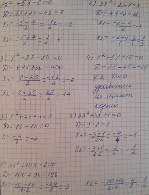 Решить уравнение через дискриминант х2+5х-6=0 Зх2+2х-1=0 х2-8х-84=0 х2-5х+10=0 х2+4х+4=0 . 2х2+3х+1=
