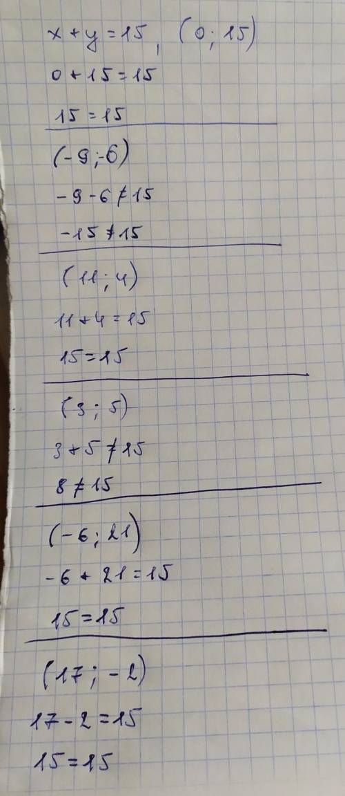 Обери пару натуральних чисел, яка задовольняє рівняння x+y=15 . Відповідь: 1. (0;15) 2. (−9;−6) 2.