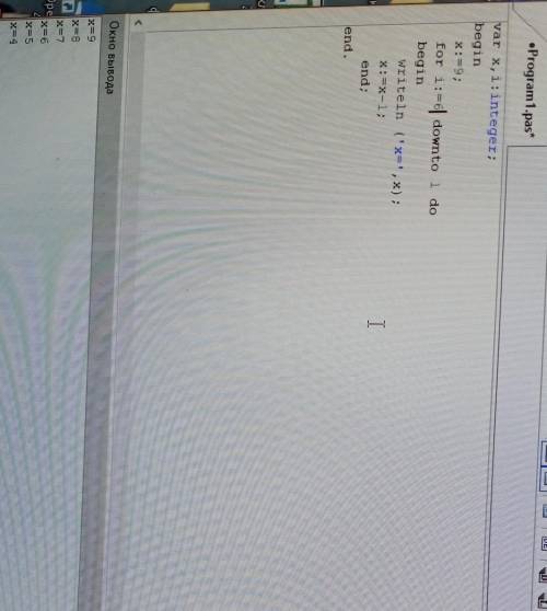 Запиши программу на языке Паскаль. Вывести на экран числа от 4 до 9 в обратном порядке. var i: integ