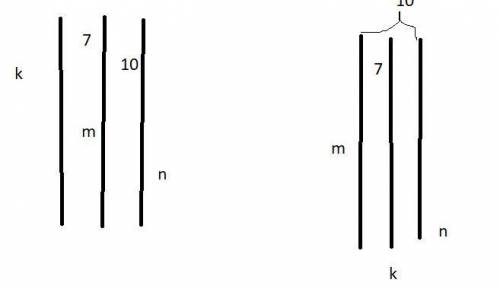 Расстояние между параллельными прямыми m и n равно 10, а между прямыми m и k равно 7. Найдите рассто