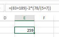 Вычисли значение математического выражения в MS Excel: (83+189)−2(78:(5+7)). (ответ округли до сотых