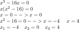 x^3-16x=0\\x(x^2-16)=0\\x=0--x=0\\x^2-16=0--x=-4\;\;\;\;\;x=4\\x_{1} =-4\;\;\;\;x_{2} =0\;\;\;\;x_{3} =4