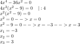 4x^4-36x^2=0\\4x^2(x^2-9)=0\;\;\;\;|:4\\x^2(x^2-9)=0\\x^2=0--x=0\\x^2-9=0--x=-3--x=3\\x_{1}=-3 \\x_{2}=0 \\x_{3} =3