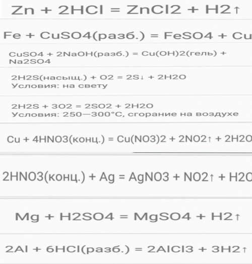 Дописать уравнения. Уравнять. 1).Zn+HCl= 2)Fe+CuSO4= 3) CuSO4+NaOH= 4)Ca+H2SO4= 5)H2S+O2= 6)Cu+HNO3(