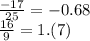 \frac{ - 17}{25} = - 0.68 \\ \frac{16}{9} = 1.(7)