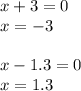 x + 3 = 0 \\ x = - 3 \\ \\ x - 1.3 = 0 \\ x = 1.3