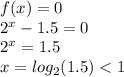 f(x) = 0 \\ {2}^{x} - 1.5 = 0 \\ {2}^{x} = 1.5 \\ x = log_{2}(1.5) < 1