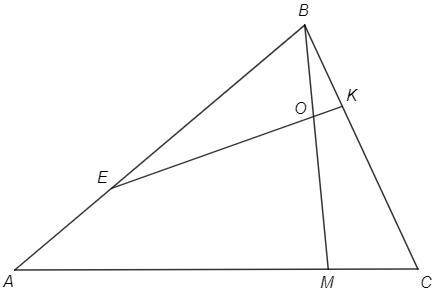 На сторонах АВ и ВС треугольник АВС взяли точки Е и К так, что АЕ:ЕВ=ВК:КС=1:2. на стороне АС взяли