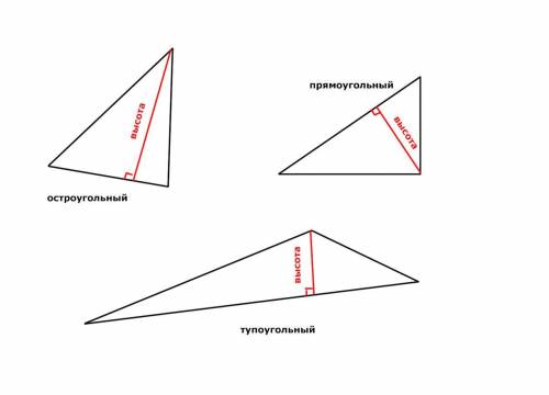 Построй три высоты в остроугольном треугольнике, в прямоугольног треугольнике и тупоугольном треугол