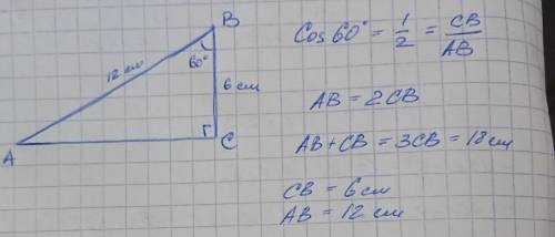 В прямоугольном треугольнике ABC (угол С равен 90 градусов, а угол В равен 60 градусов. АВ + СВ = 18