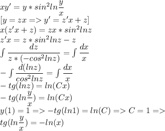 xy'=y*sin^2ln\dfrac{y}{x}\\ \left[y=zx=y'=z'x+z\right]\\ x(z'x+z)=zx*sin^2lnz\\ z'x=z*sin^2lnz-z\\ \int\dfrac{dz}{z*(-cos^2lnz)}=\int\dfrac{dx}{x}\\ -\int\dfrac{d(lnz)}{cos^2lnz}=\int\dfrac{dx}{x}\\ -tg(lnz)=ln(Cx)\\ -tg(ln\dfrac{y}{x})=ln(Cx)\\ y(1)=1=-tg(ln1)=ln(C)=C=1=\\ tg(ln\dfrac{y}{x})=-ln(x)