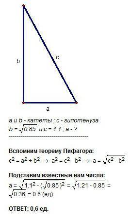 В прямоугольном треугольнике а и b- катеты,с - гипотенуза. Найдите а, если b =√0,85 и c=1,1