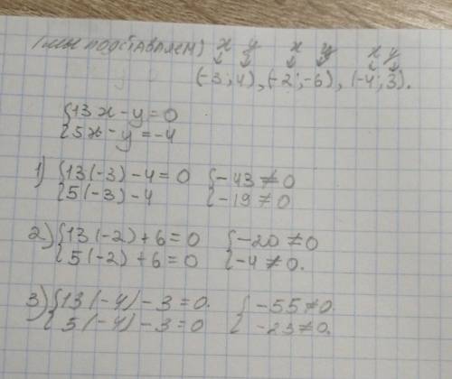 Какие из пар (-3:4),(-2:-6),(-4:3) являются решениями системы уравнений: 13x - y = 0 5x-y=-4? Можете
