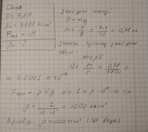 На сталеве тіло вага якого у повітрі становить 7.8 якого у повітрі становить 7.8 Н при повному занур