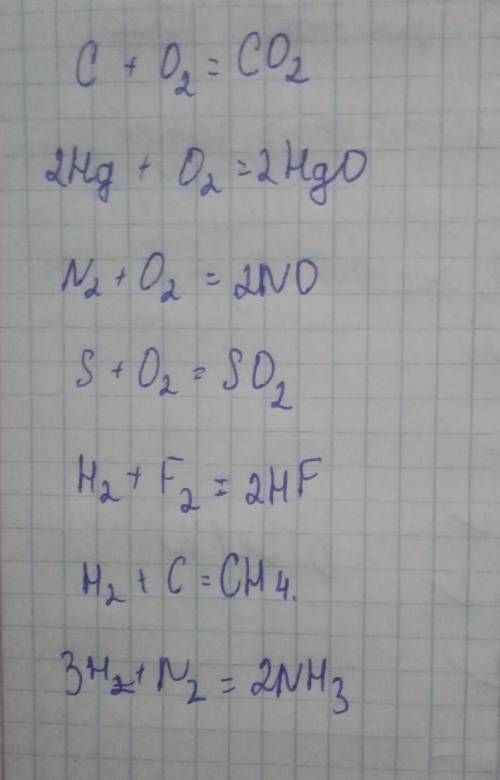 Помгите с химией C+O2= HG+O2= N2+O2= S+O2= H2+F2= H2+C= H2+N2=