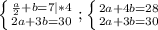 \left \{ {{\frac{a}{2}+b =7|*4} \atop {2a+3b=30}} \right. ; \left \{ {{2a+4b=28} \atop {2a+3b=30}} \right.