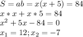 S=ab=x(x+5)=84\\x*x+x*5=84\\x^{2}+5x-84=0\\x_{1}=12; x_{2}=-7
