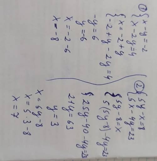 Решить систему методом подстановки. ответ записать в виде (х;у) х-у=-2 х-2у=4 5у-х=8 5х-4у=23 2х+у=
