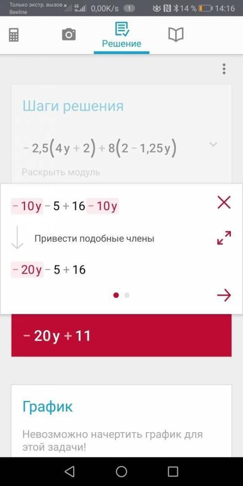 Розкрийте дужки і зведіть подібні доданки у виразі -2,5( 4у + 2) +8( 2 - 1,25у).