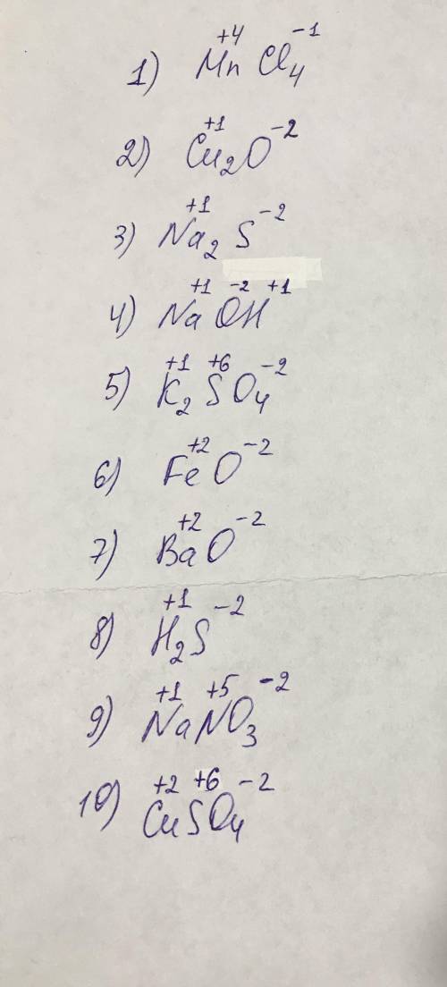 Расставить степени окисления у атомов для следующих веществ: 1.MnCI4 2.Cu20. 3.Na2S 4.NaOH 5.K2SO4 6