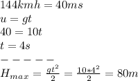 144kmh=40ms\\u=gt\\40=10t\\t=4s\\-----\\H_m_a_x=\frac{gt^2}{2} =\frac{10*4^2}{2} =80m\\