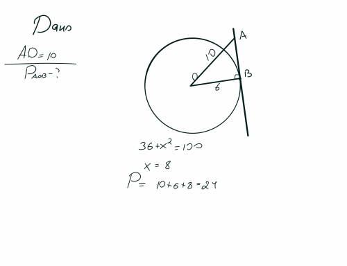Прямая АВ касается окружности с центром О радиуса 6 см в точке В. АО = 10 см. Найти периметр треугол