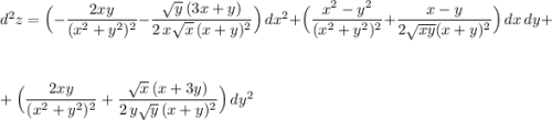 d^2z=\Big(-\dfrac{2xy}{(x^2+y^2)^2}-\dfrac{\sqrt{y}\, (3x+y)}{2\, x\sqrt{x}\, (x+y)^2}\Big)\, dx^2+\Big(\dfrac{x^2-y^2}{(x^2+y^2)^2}+\dfrac{x-y}{2\sqrt{xy}(x+y)^2}\Big)\, dx\, dy+\\\\\\+\Big(\dfrac{2xy}{(x^2+y^2)^2}+\dfrac{\sqrt{x}\, (x+3y)}{2\, y\sqrt{y}\, (x+y)^2} \Big)\, dy^2