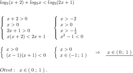 log_3(x+2)+log_3x0\\x0\\2x+10\\x(x+2)-2\\x0\\x-\frac{1}{2}\\x^2-10\\(x-1)(x+1)0\\x\in (-1\, ;\, 1\; )\end{array}\right\; \; \; \Rightarrow \; \; \; \underline {\; x\in (\, 0\, ;\; 1\; )\; }\\\\\\Otvet:\; \; x\in (\; 0\; ;\; 1\; )\; .
