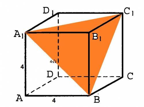 Ребро куба равно 4 см. Найти площадь сечения, образованного двумя диагоналями боковых граней, выходя