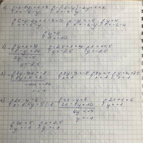 1.Реши систему уравнений методом подстановки. −x−2y+1=3 x=−6−y ответ: x= y= 2.Реши систему уравнений