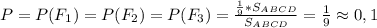 P=P(F_1)=P(F_2)=P(F_3)=\frac{\frac{1}{9}*S_{ABCD}}{S_{ABCD}}=\frac{1}{9}\approx0,1