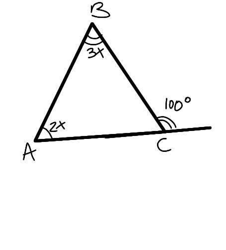 ОДИН ИЗ ВНЕШНИХ УГЛОВ ТРЕУГОЛЬНИКА РАВЕН 100° А НЕ СМЕЖНЫЕ С НИМ УГЛЫ ОТНОСЯТСЯ КАК 2:3 НАЙДИТЕ УГЛЫ
