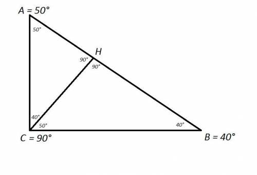 В прямоугольном треугольнике АВС (С=90°) провели высоту СН, А=50°. Найти НСВ